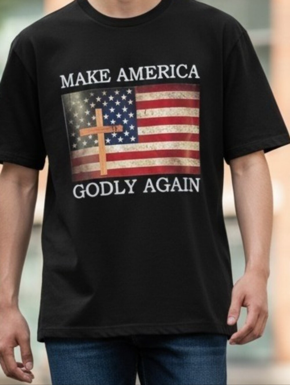 Halo Black Graphic Tee with American Flag and Cross